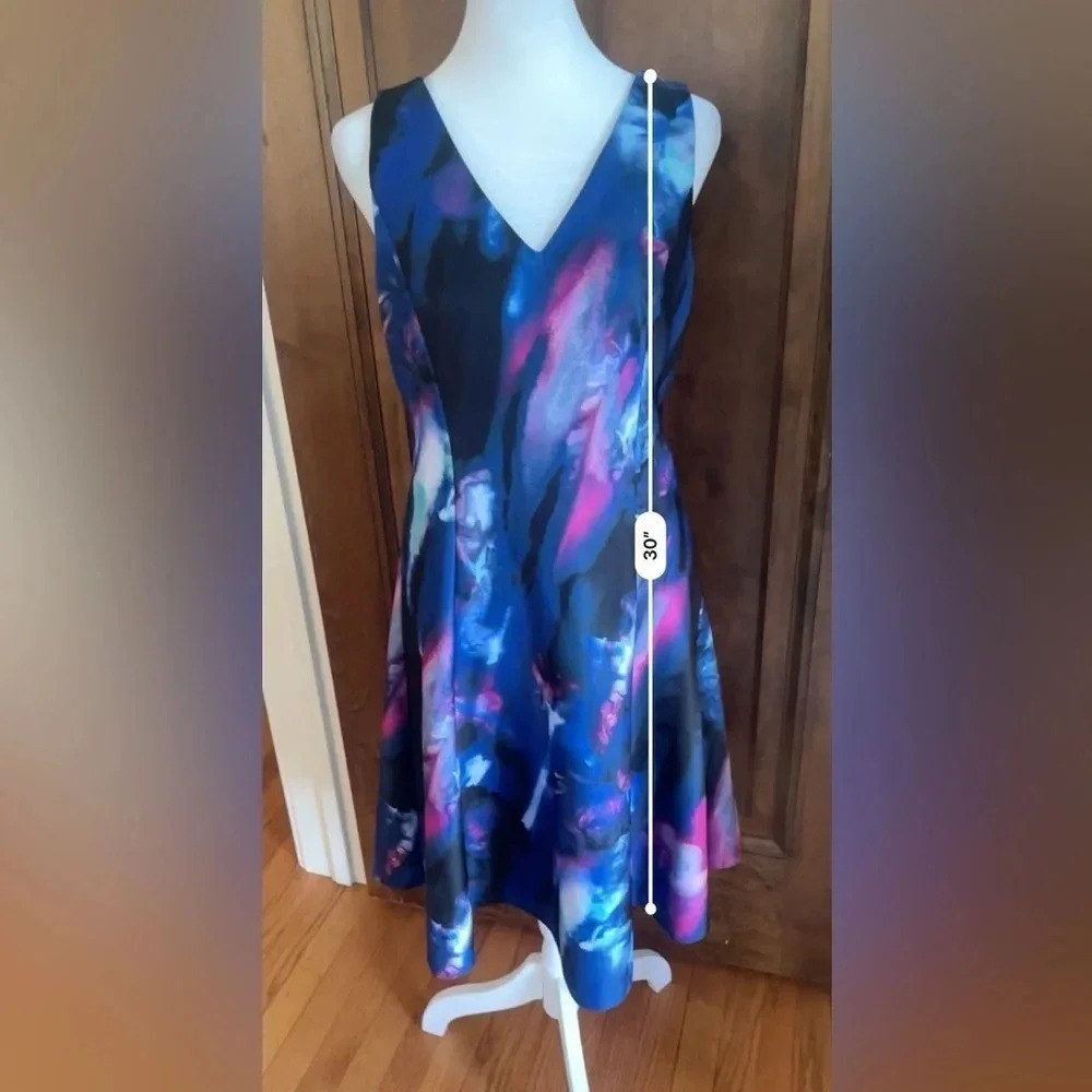 Donna Karan Black, Blue, and Pink Abstract Sleeveless V Neck Dress Women… - Picture 2 of 10